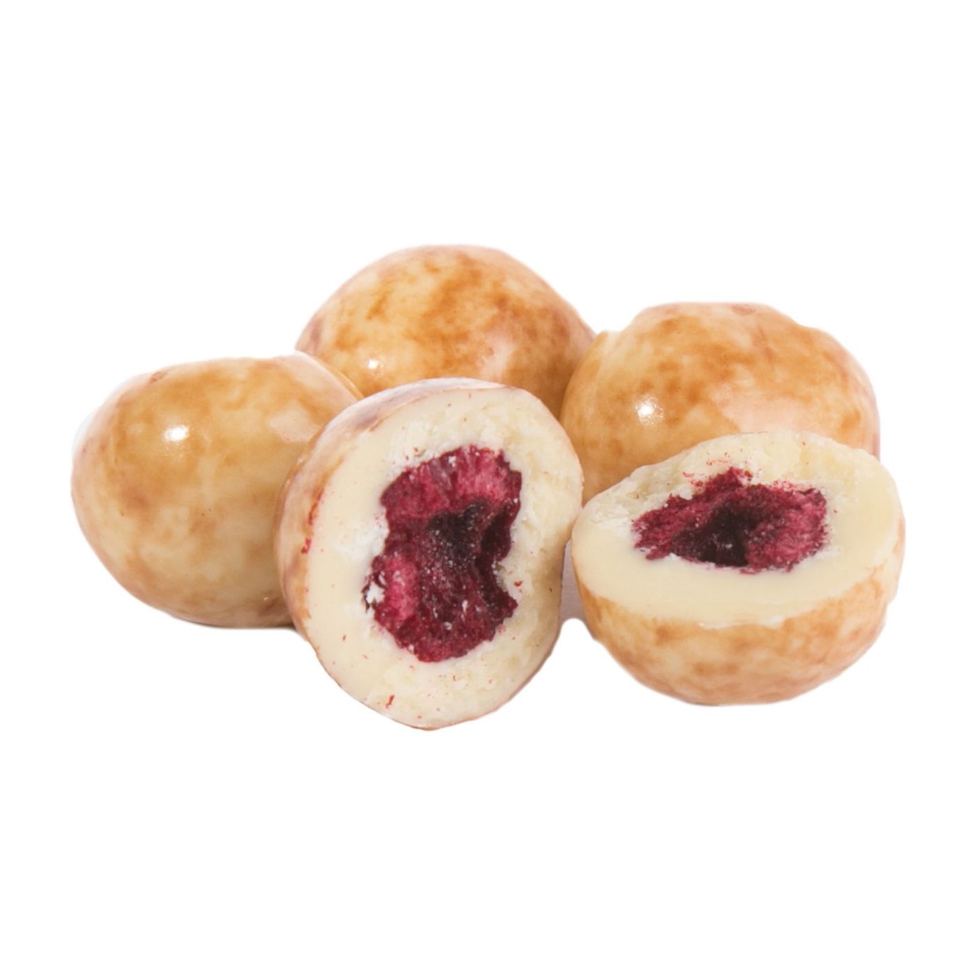 Kirsche gefriergetrocknet in weißer Joghurt-Schokolade, marmoriert mit Zartbitterschokolade
 im Karton 4 Kg Kirsche gefriergetrocknet in weißer Joghurt-Schokolade, marmoriert mit Zartbitterschokolade
 im Karton 4 Kg