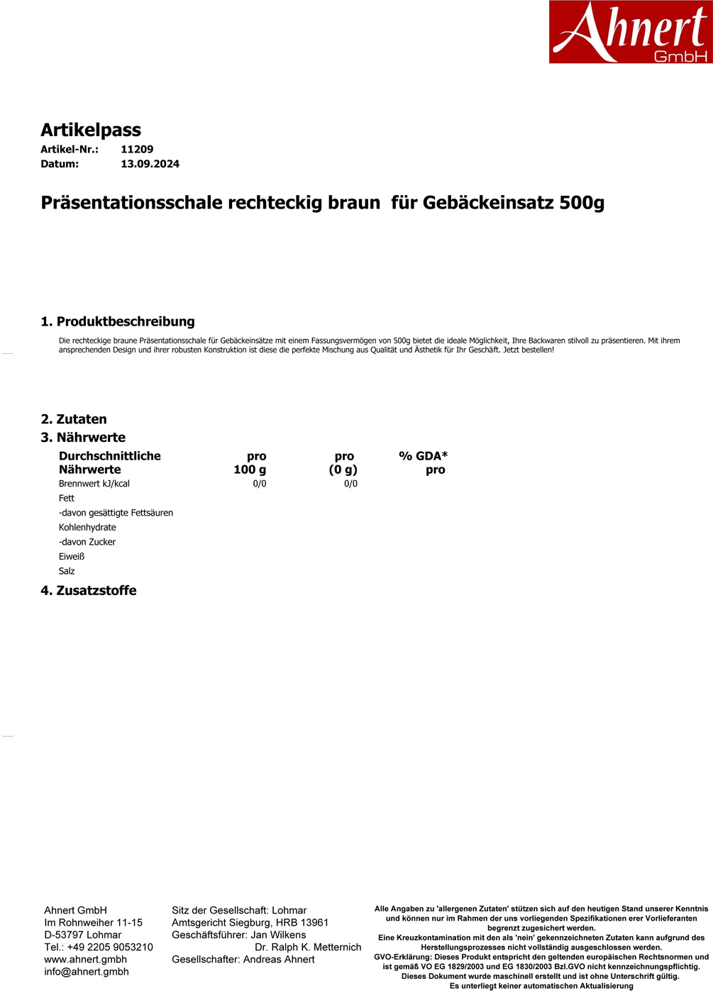 Präsentationsschale rechteckig braun  für Gebäckeinsatz 500g