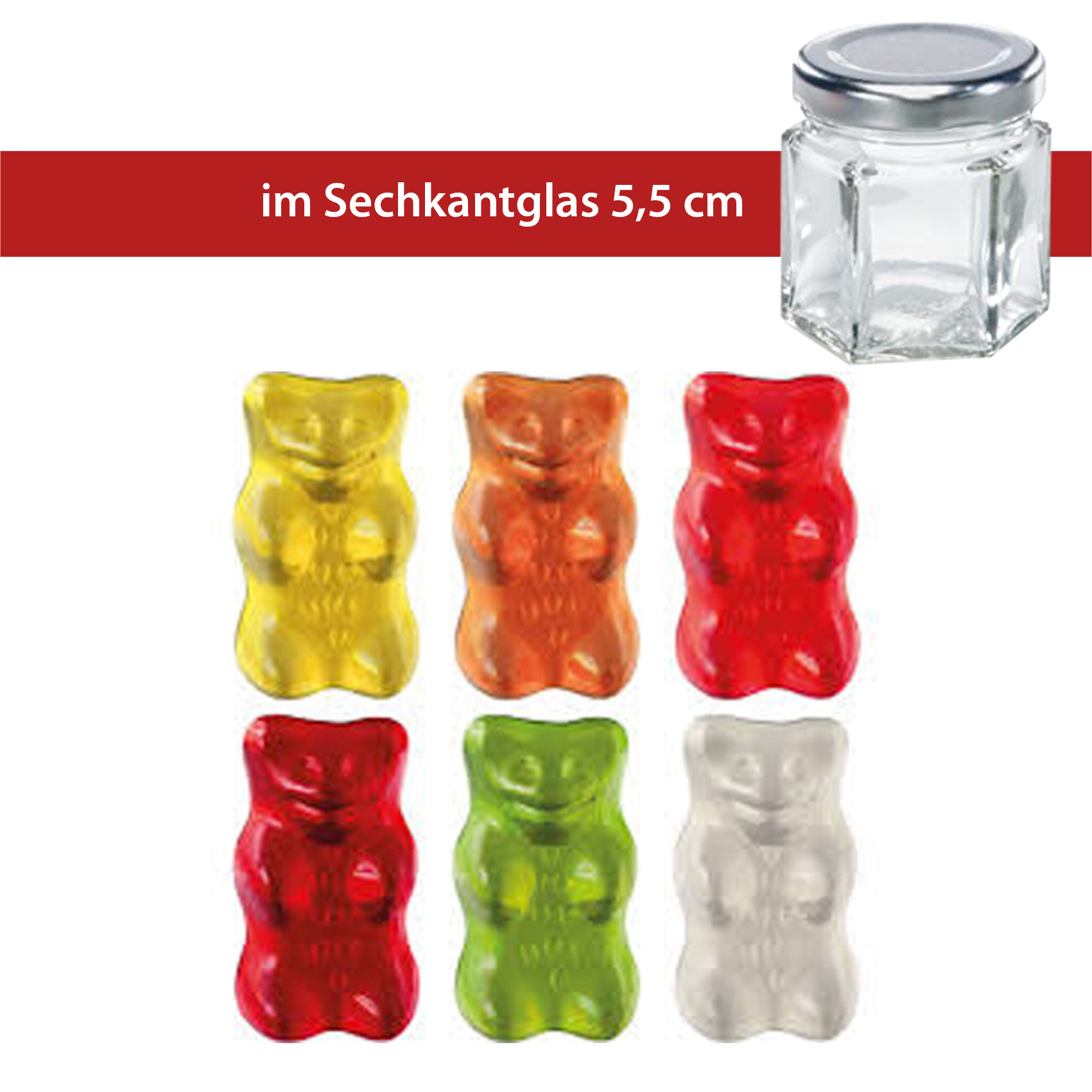 Haribo Bärchen 
im 50g 5,5 cm Sechskant-Glas
36 Stück pro Karton