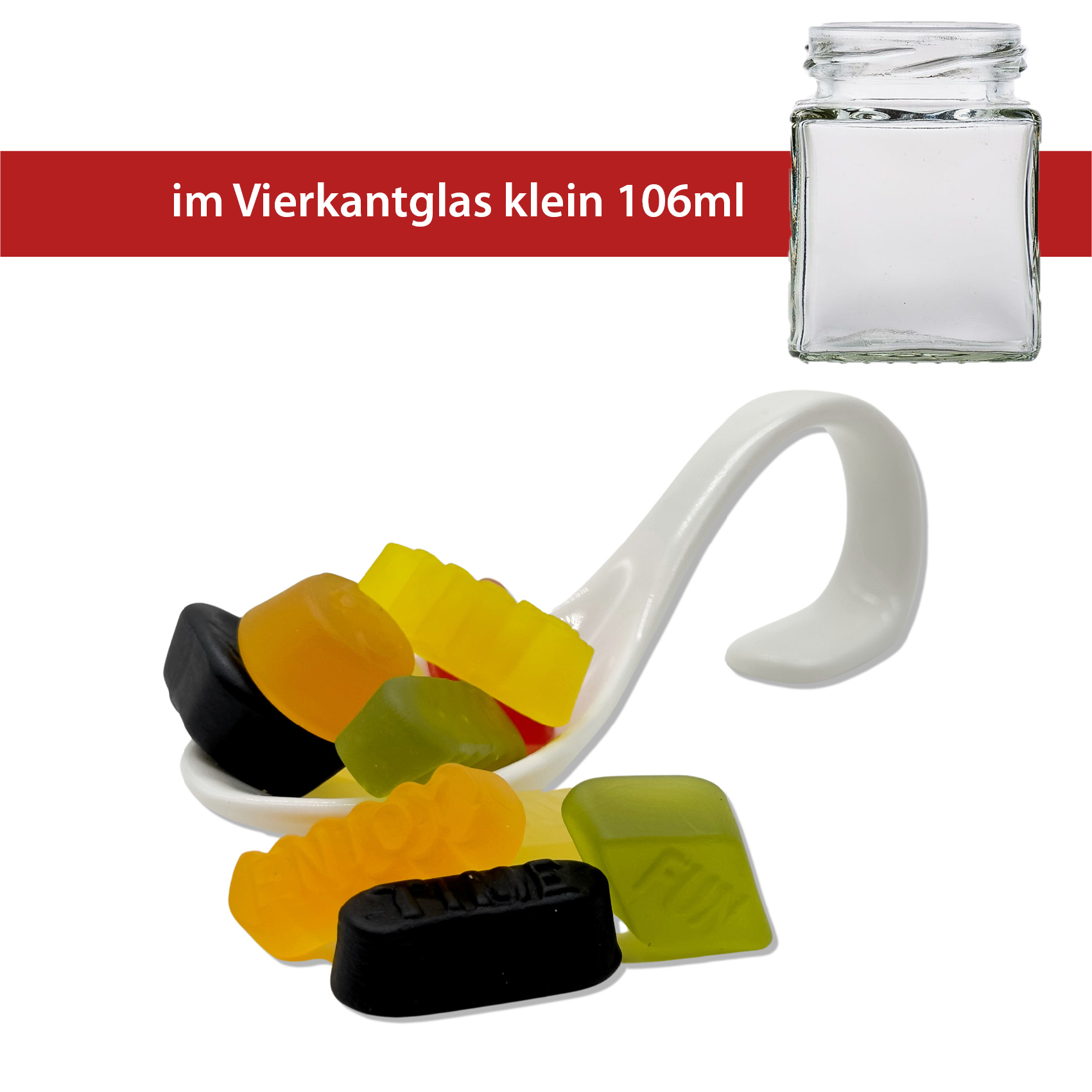 Weingummi Englisch 70g
Vierkantglas klein
30 Stück pro Karton