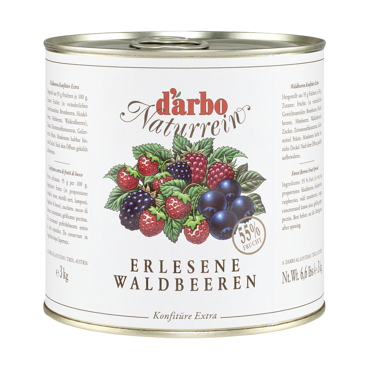 DARBO Waldbeer Naturrein 55% Frucht ohne Konservierungsstoffe 3 kg Dose
