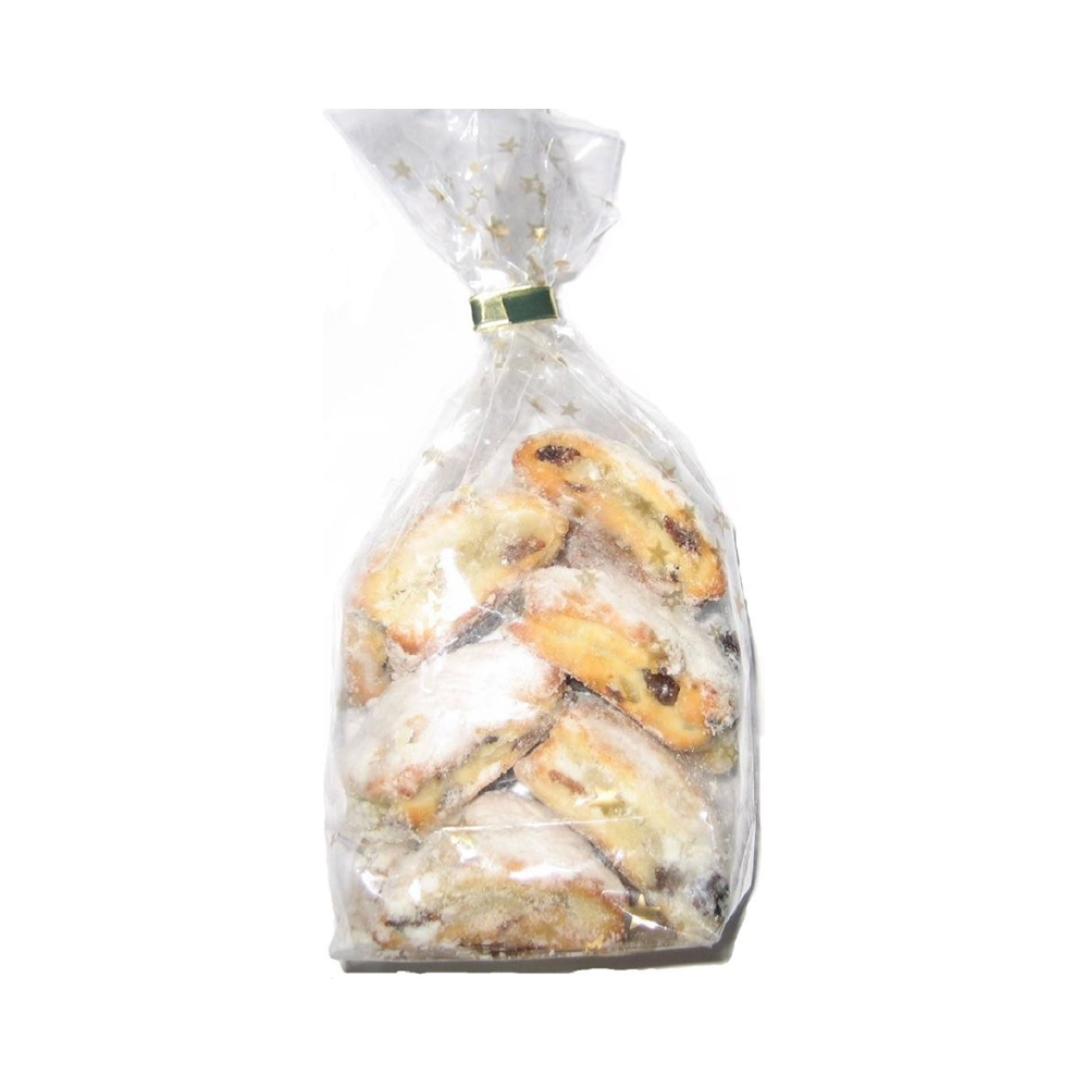 Stollenkonfekt mit 20% Marzipankern 4 Stück ~108 g Stollenkonfekt im Sternen-Beutel mit Goldclip 25 Beutel pro Karton