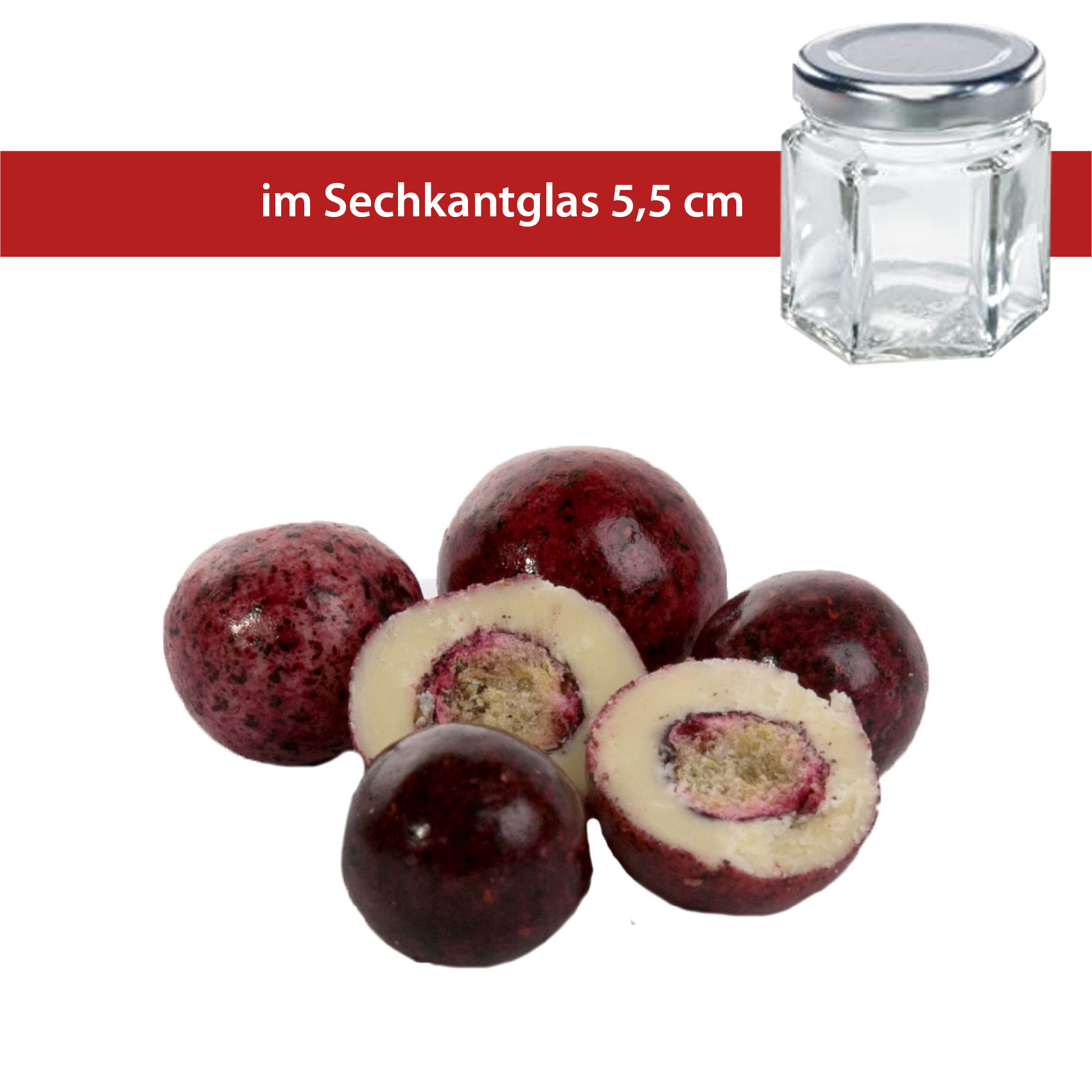 Johannisbeeren gefriergetrocknet in weißer Joghurt-Schokolade 40g
5,5cm Sechskantglas
36 Stück im Karton