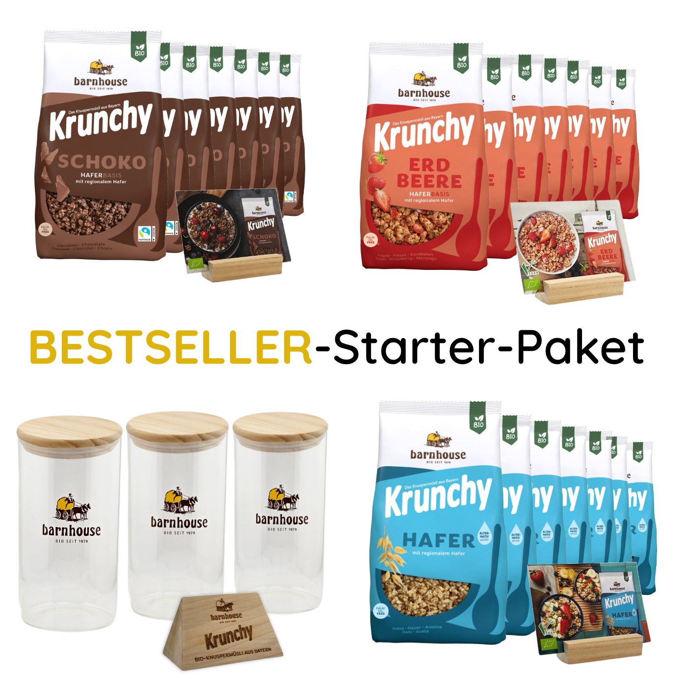 Bio Barnhouse Bestseller-Starter-Paket: Je 7 Btl. 1,25kg Barnhouse Krunchy Müsli Erdbeere, Schoko & Hafer, 1 Stk. Barnhouse Holzaufsteller, kostenlose Buffetschilder mit Holzfuss und 3 Müsli Barnhose Buffet-Gläser