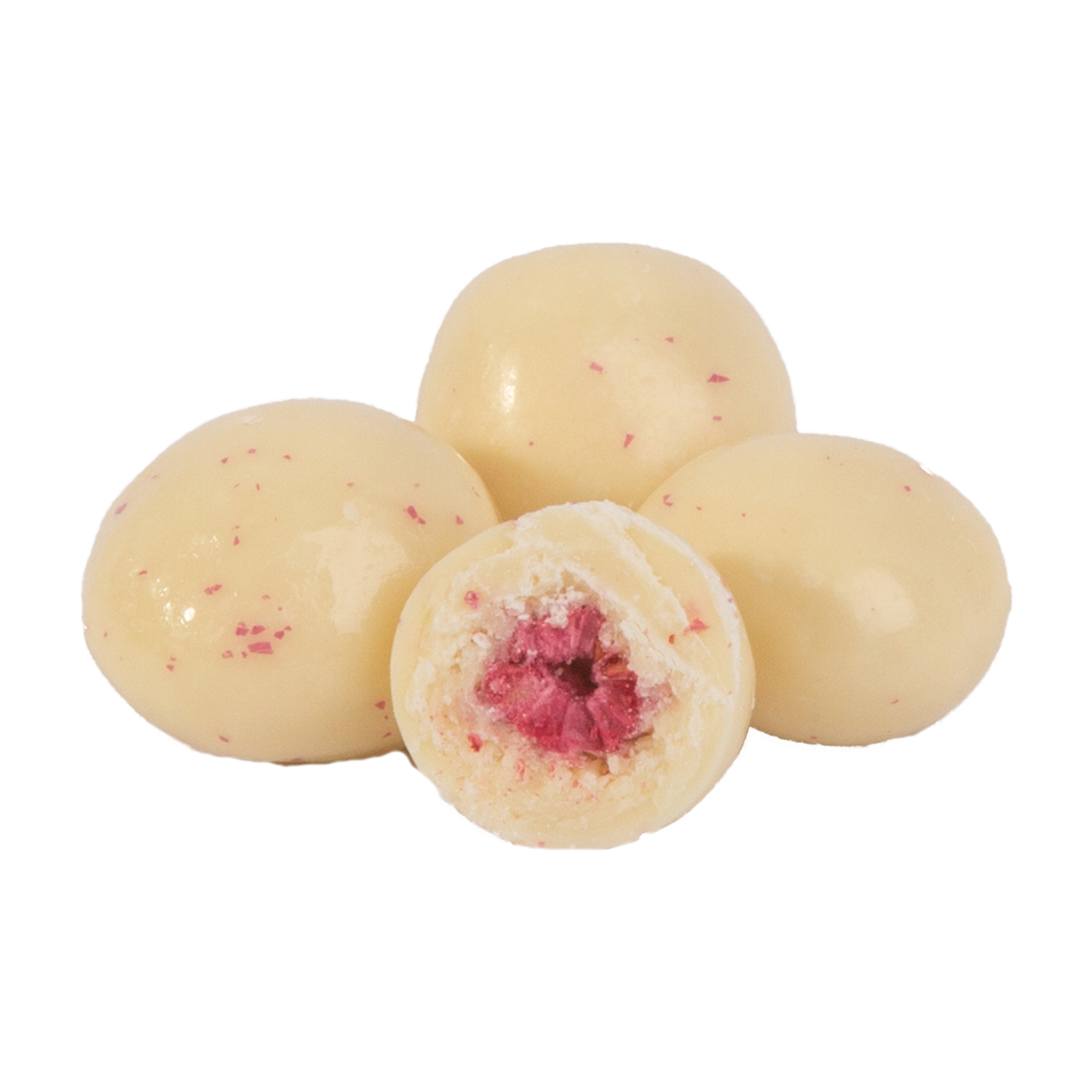 Schokolierte Himbeere in weißer Schokolade 50g im Vierkant-Glas klein - 30 Stück im Karton