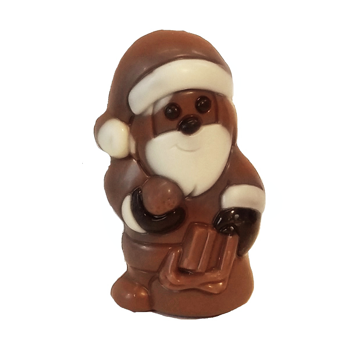 Weihnachtsmann Confiserie 25 g 3-farbig, Augen schwarz/Bart weiß, Edel-Vollmilchschokolade 7,5 cm hoch in Klarsicht 27 Stück pro Karton