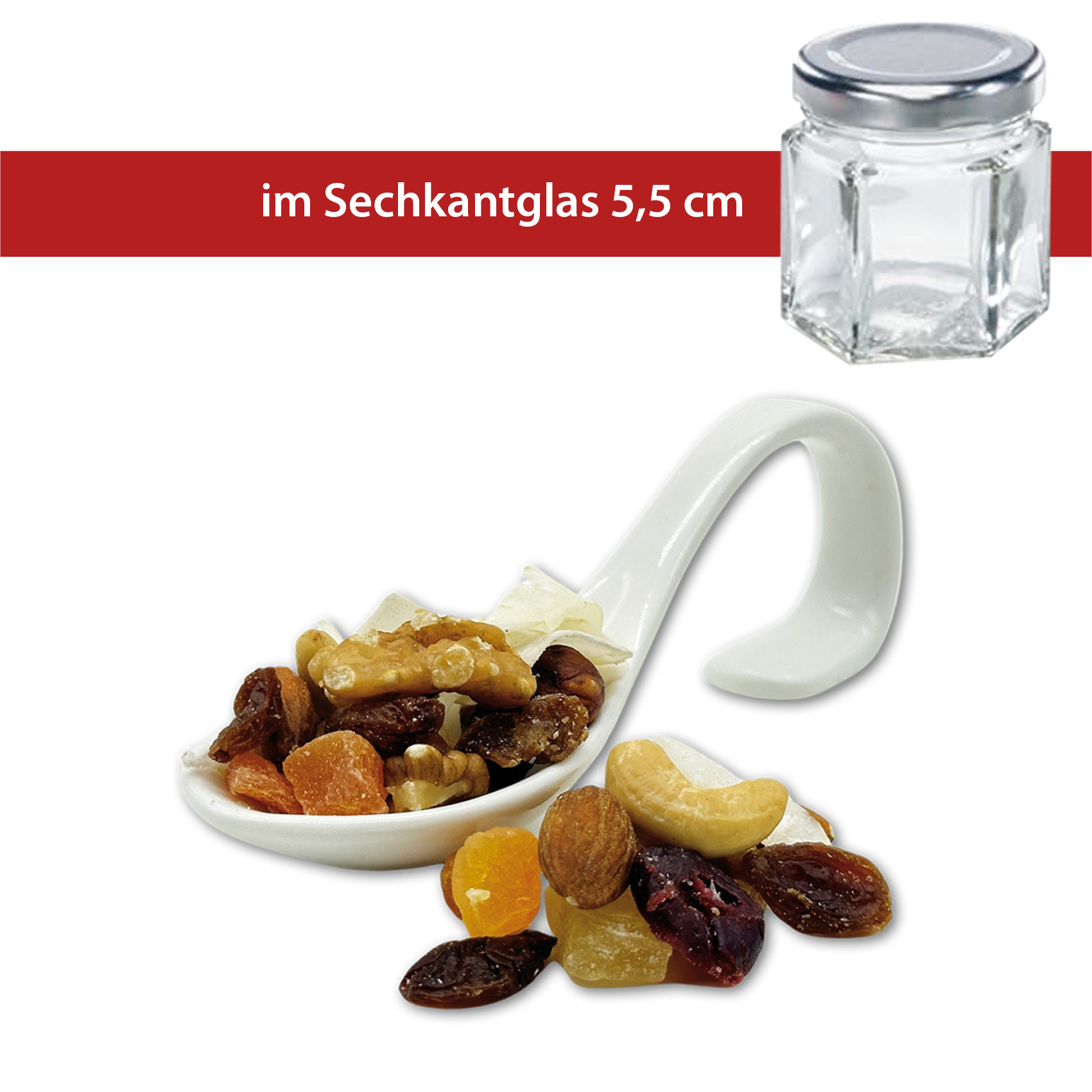 Früchte & Nussmischung 45g
5,5cm Sechskant-Glas
36 Stück im Karton