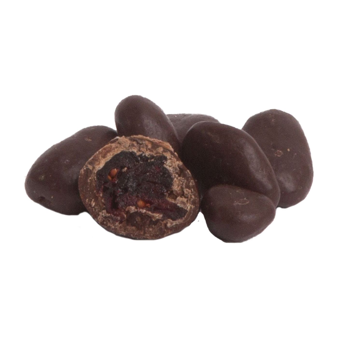 Schokolierte Cranberries in Zartbitterschokolade.
 Im Karton 5 kg Schokolierte Cranberries in Zartbitterschokolade.
 Im Karton 5 kg