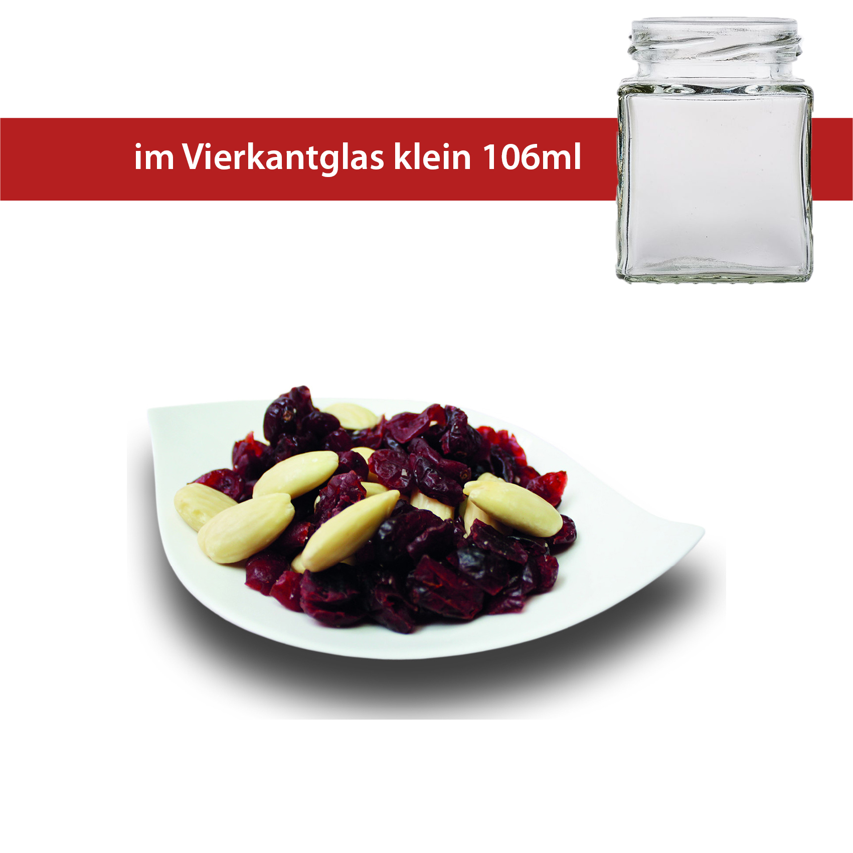 Cranberry Mandel Mischung Vierkantglas klein 50g - 30 Stück pro Karton