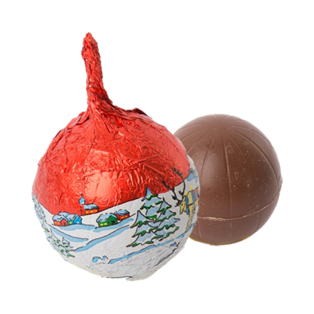 Schokokugeln in weihnachtlich bedruckter Folie, mit Goldfaden, Ø4 cm 60x12,5 g pro Karton