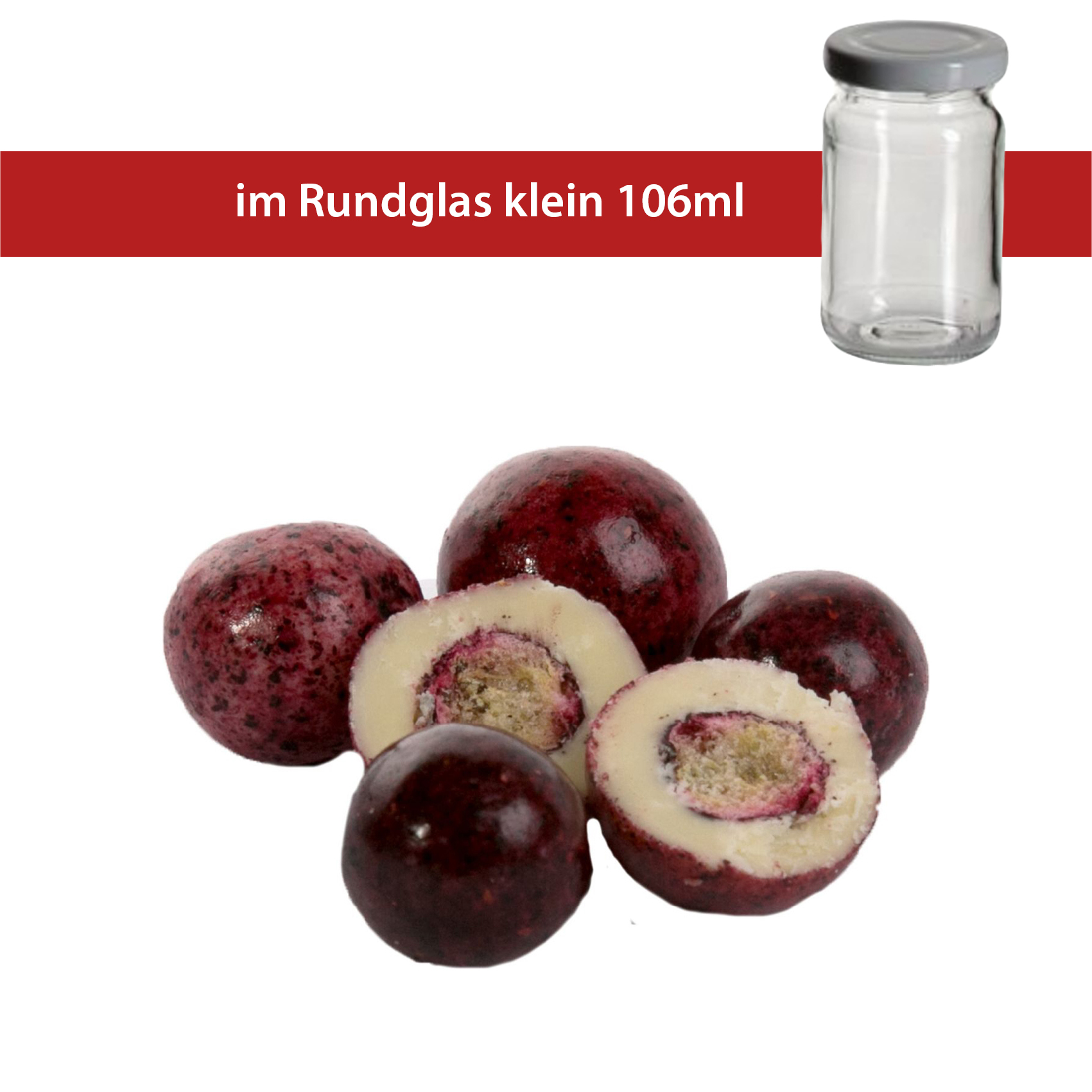 Johannisbeeren gefriergetrocknet in weißer Joghurt-Schokolade 50g
Rundglas klein 106ml
40 Stück pro Karton