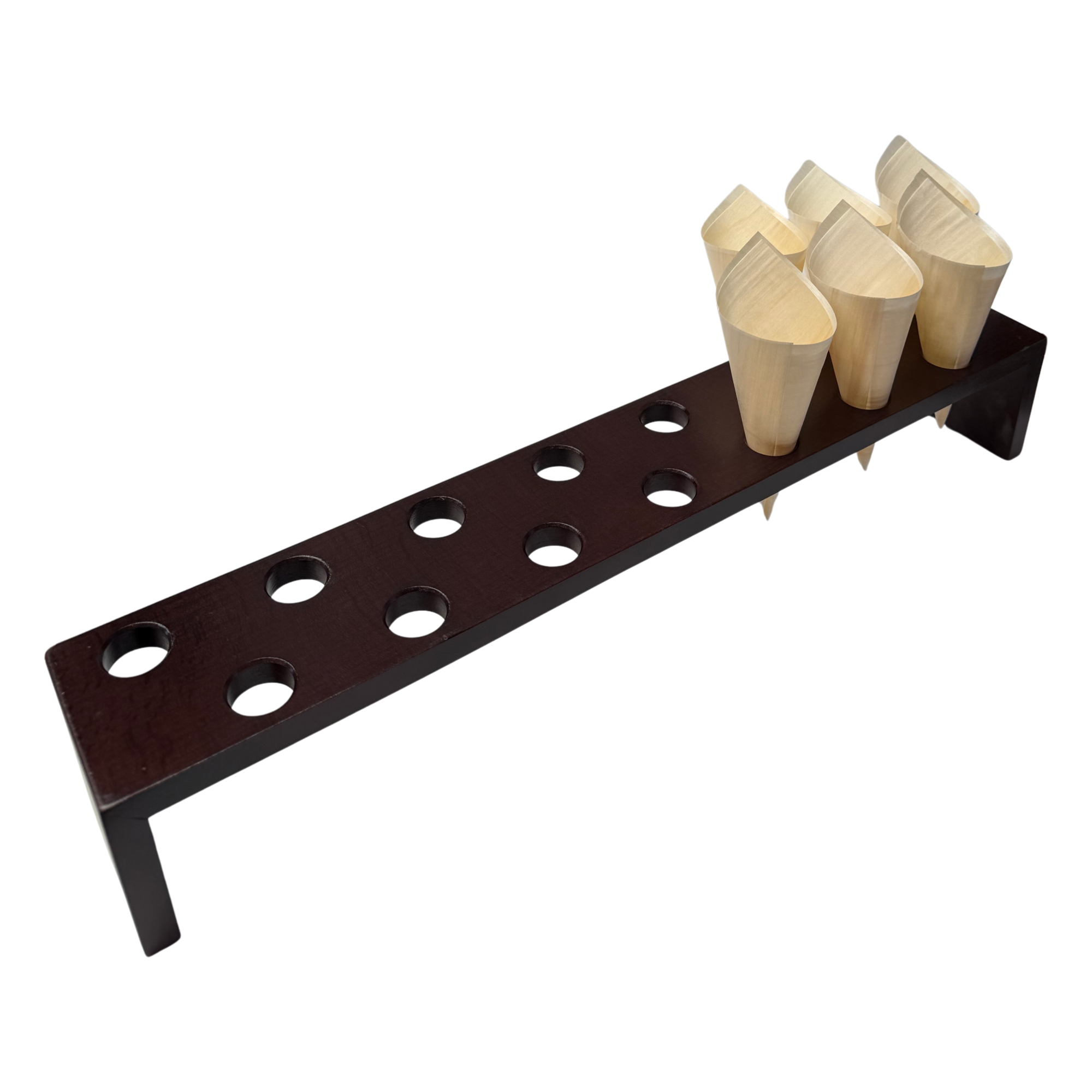 Holzbrücke für Spitztüten - 55,5 cm x 9 cm, Bohrausschnitt 2,5 cm Durchmesser für 15 Spitztüten Farbe Wenge