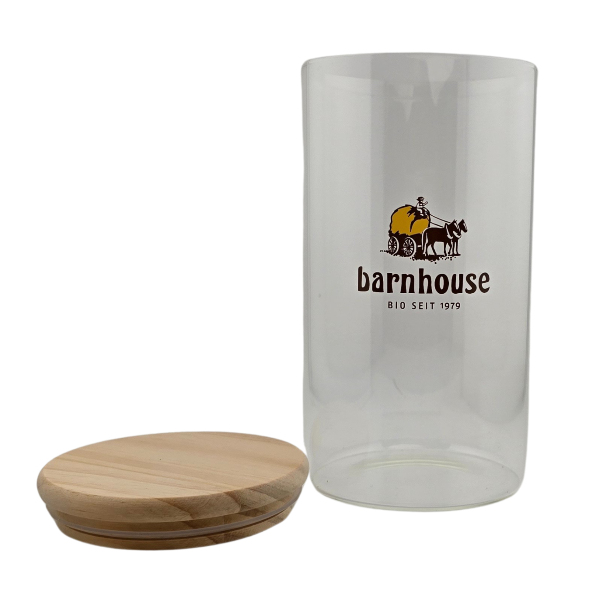 Barnhouse Müsliglas Fassungsvermögen: 1 Liter, ca. H 17 cm / Ø 10 cm mit dichtschließendem Holzdeckel
mit Logo-Aufdruck Barnhouse