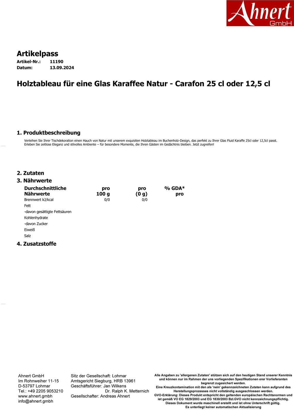 Holztableau für eine Glas Karaffe Natur - Carafon 25 cl oder 12,5 cl