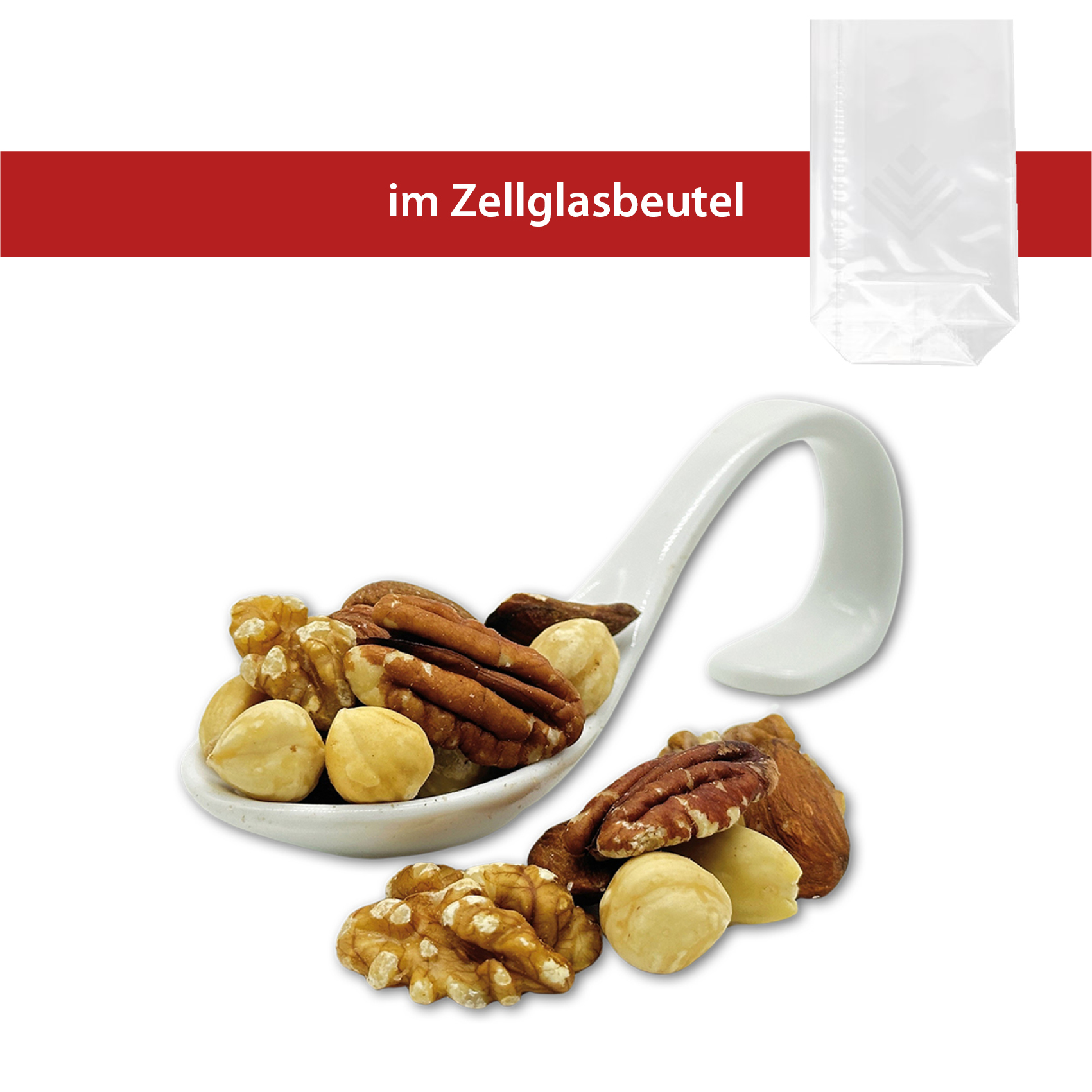 Nussmischung Natur 100g
Zellglasbeutel mit Holzklammer
25 Beutel pro Karton