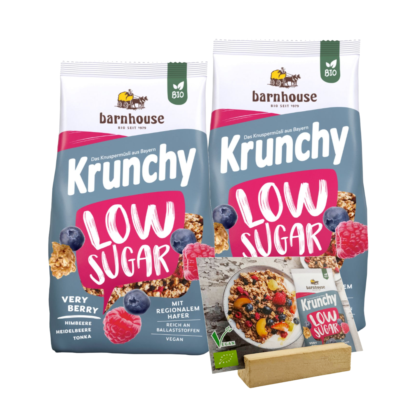 Bio Barnhouse Probier-Starter-Paket: Je 2 Btl. 1,25kg Barnhouse Krunchy Müsli Erdbeere, Low Sugar Very Berry, Apfel Zimt, Choko Chunks & Hafer; 4 Btl. 375g Barnhouse Cornflakes, 1 Barnhouse Holzaufsteller & Kostenlose Buffetschilder mit Holzfuss
