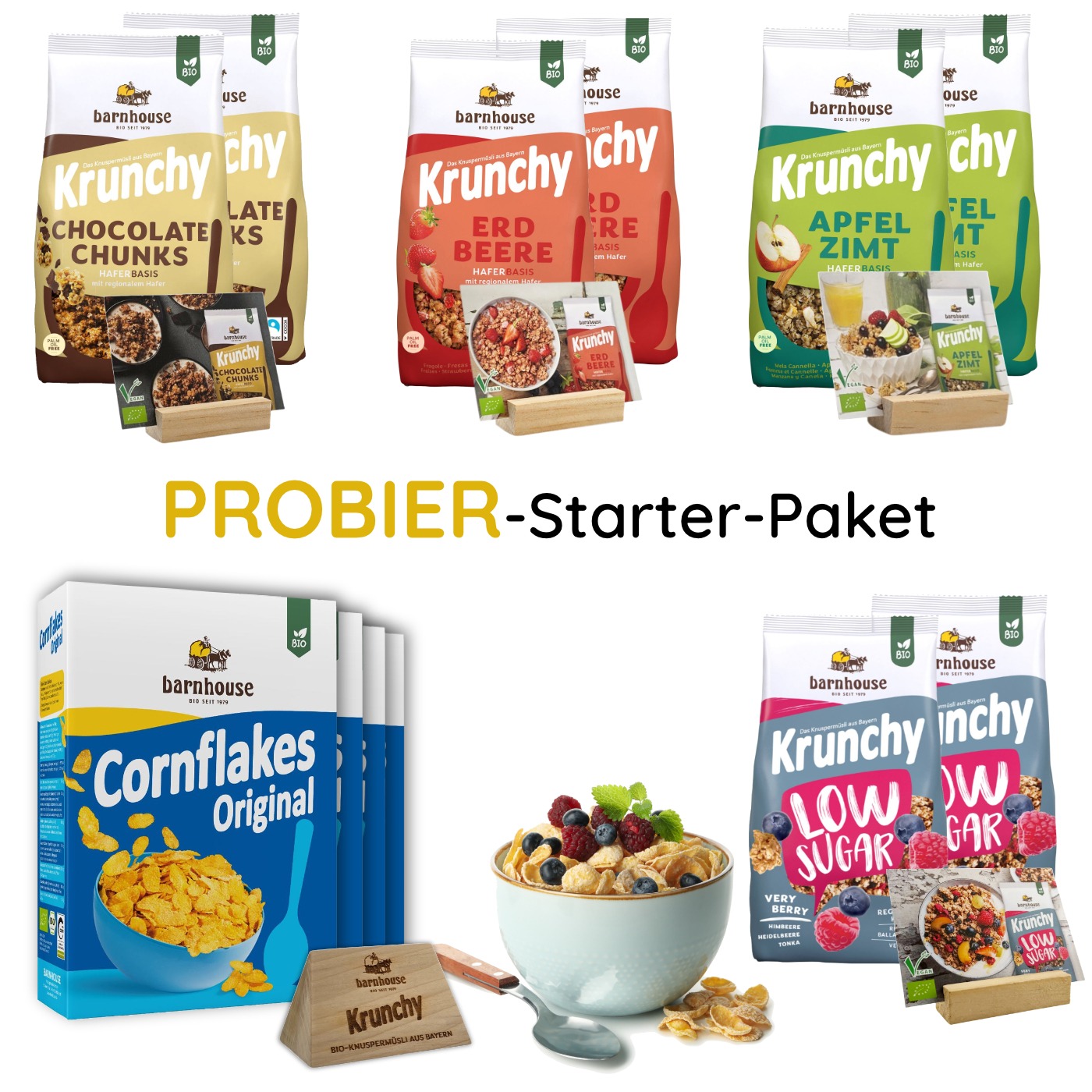 Bio Barnhouse Probier-Starter-Paket: Je 2 Btl. 1,25kg Barnhouse Krunchy Müsli Erdbeere, Low Sugar Very Berry, Apfel Zimt, Choko Chunks & Hafer; 4 Btl. 375g Barnhouse Cornflakes, 1 Barnhouse Holzaufsteller & Kostenlose Buffetschilder mit Holzfuss