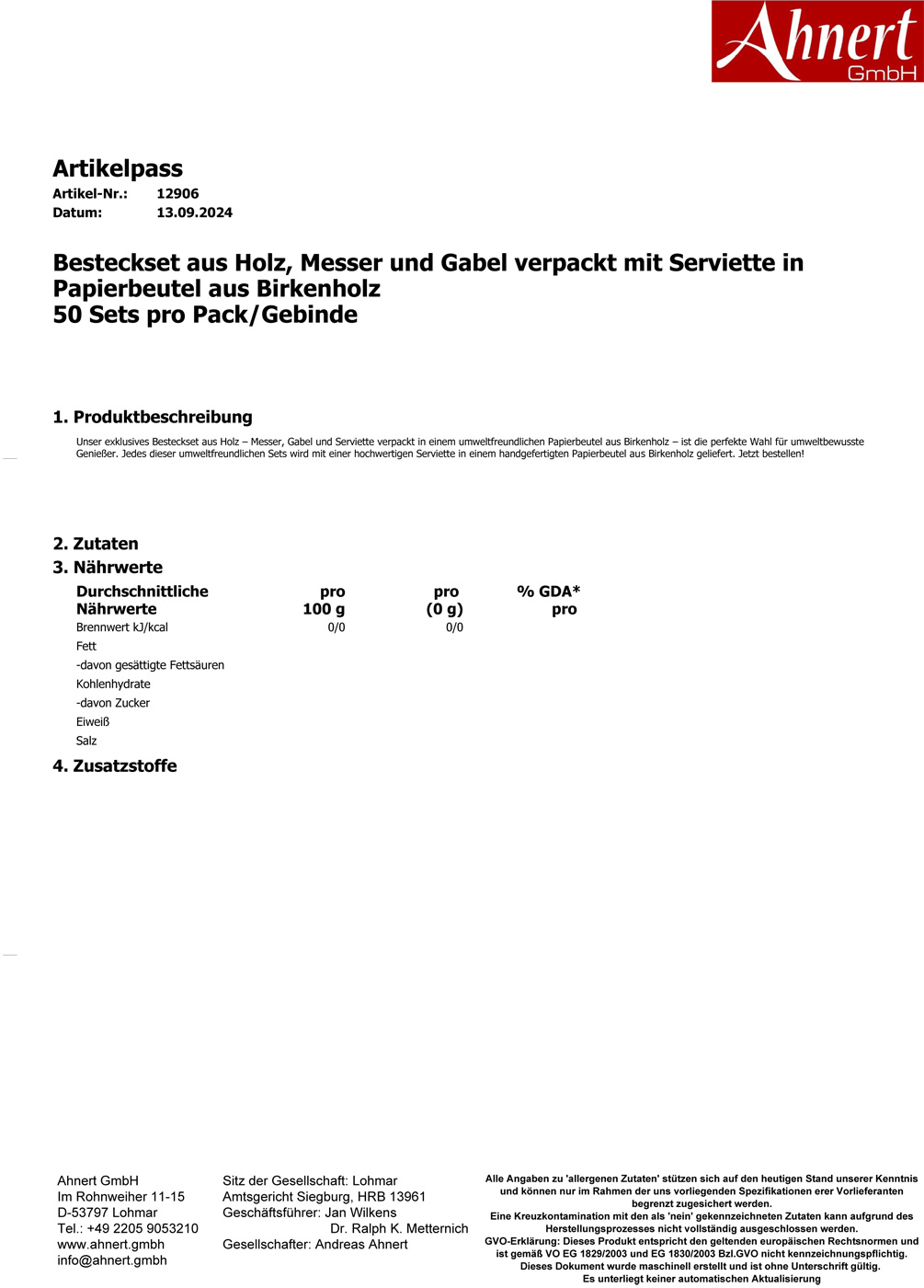 Besteckset aus Holz, Messer und Gabel verpackt mit Serviette in Papierbeutel aus Birkenholz
50 Sets pro Pack/Gebinde