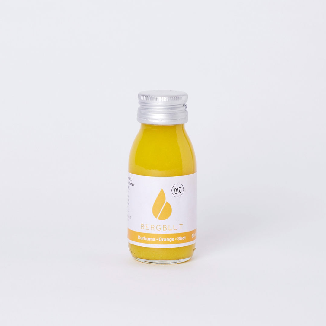 Shot Kurkuma-Orange 60ml mit Bio zertifizierten Säften Bergblut - 24 Stück im Karton