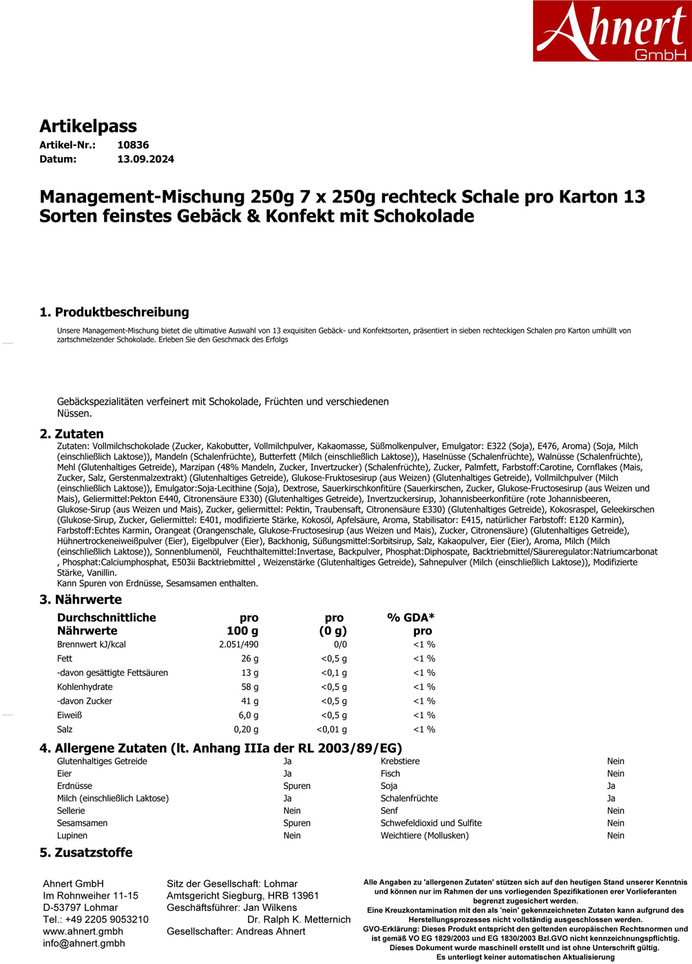 Management-Mischung 250g 7 x 250g Rechteck Schale pro Karton 13 Sorten feinstes Gebäck & Konfekt mit Schokolade