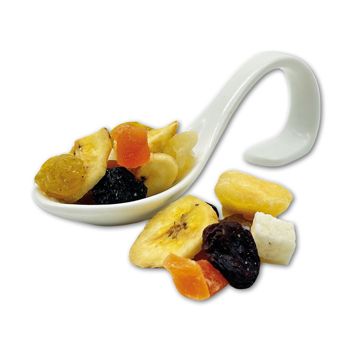 Tropic Mix getrocknet Bananenchips, Weinbeere Jumbo, Weinbeere Golden, Kokoswürfel, Papaya gehackt, Ananasstücke
   VE 5kg