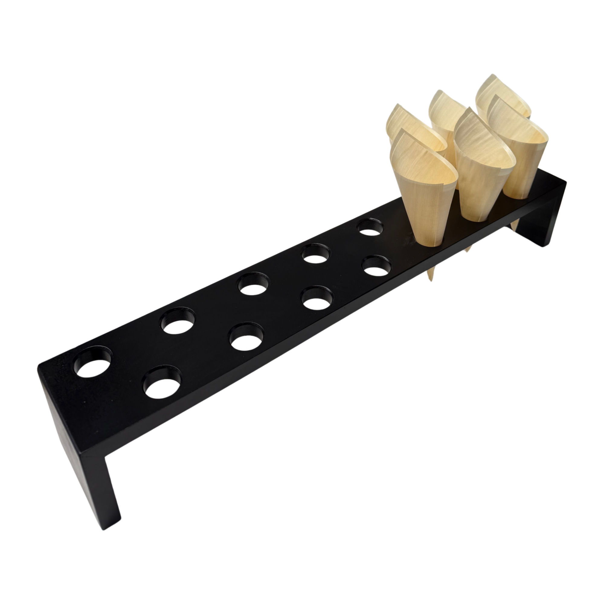 Holzbrücke für Spitztüten 55,5 cm x 9 cm, Bohrausschnitt 2,5 cm Durchmesser für 15 Spitztüten
Farbe Schwarz