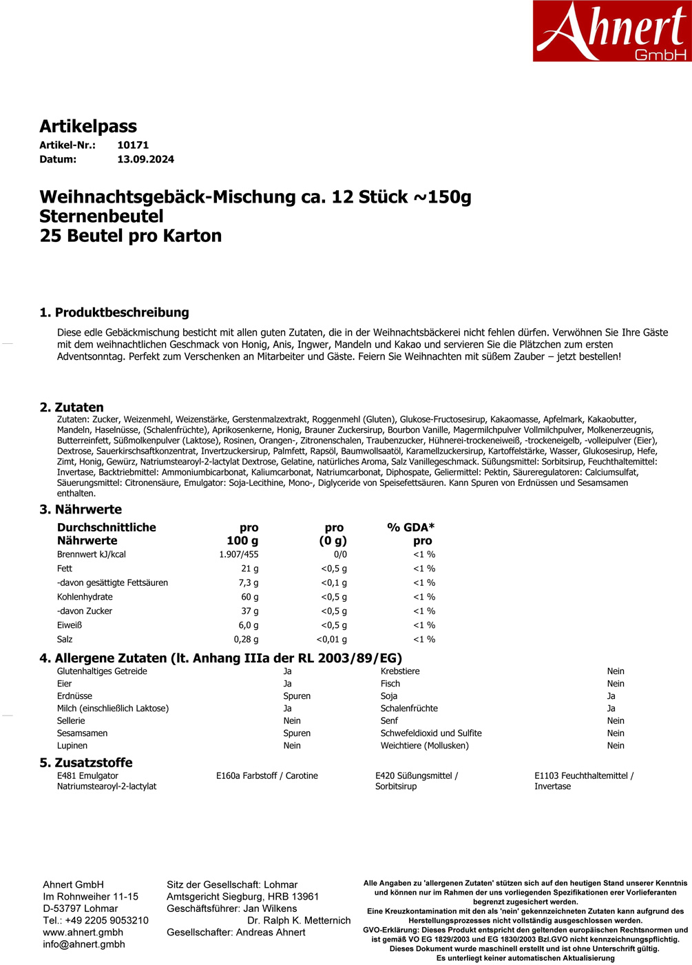 Weihnachtsgebäck-Mischung ca. 12 Stück ~150g
Sternenbeutel
25 Beutel pro Karton