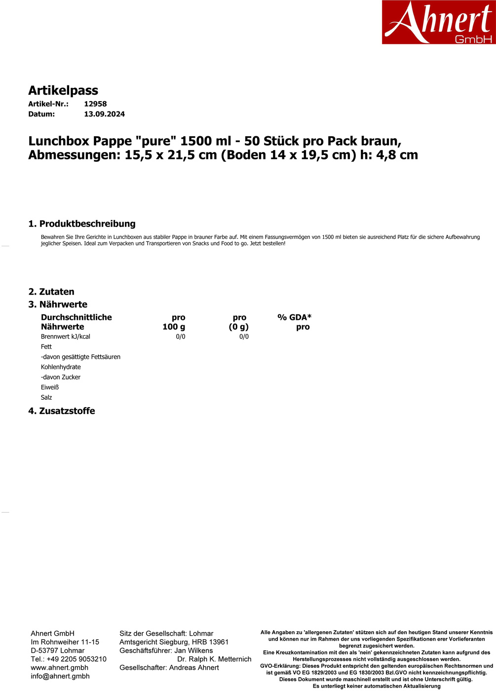 Lunchbox Pappe 'pure' 1500 ml - 50 Stück pro Pack braun, Abmessungen: 15,5 x 21,5 cm (Boden 14 x 19,5 cm) h: 4,8 cm