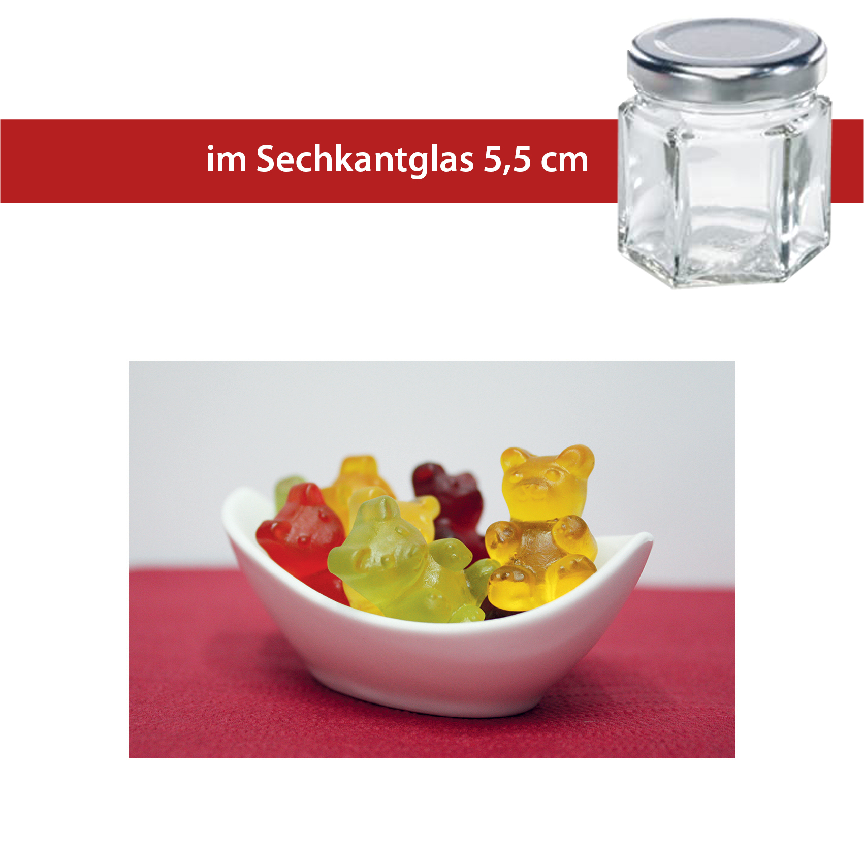 XXL-Bär ohne Gelatine 50g 
5,5cm Sechskant-Glas
36 Stück pro Karton