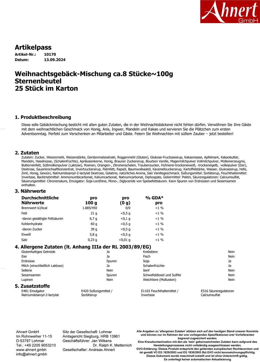 Weihnachtsgebäck-Mischung ca.8 Stücke~100g
Sternenbeutel
25 Stück im Karton