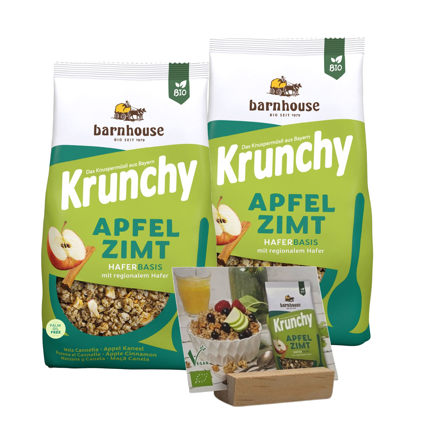 Bio Barnhouse Probier-Starter-Paket: Je 2 Btl. 1,25kg Barnhouse Krunchy Müsli Erdbeere, Low Sugar Very Berry, Apfel Zimt, Choko Chunks & Hafer; 4 Btl. 375g Barnhouse Cornflakes, 1 Barnhouse Holzaufsteller & Kostenlose Buffetschilder mit Holzfuss
