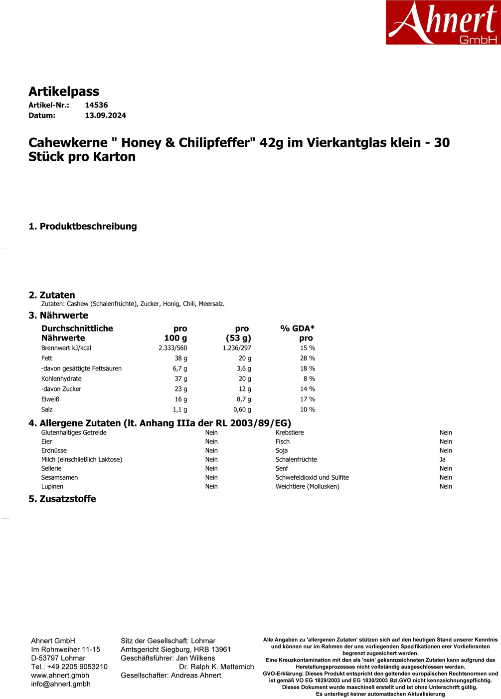 Cashewkerne ' Honey & Chilipfeffer' 42g im Vierkantglas klein - 30 Stück pro Karton