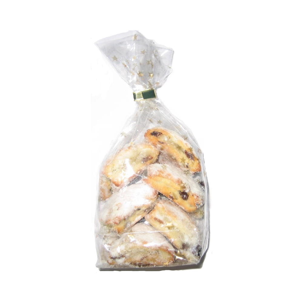 Stollenkonfekt mit 20% Marzipankern 6 Stück ~162 g Stollenkonfekt im Sternen-Beutel mit Goldclip 25 Beutel pro Karton