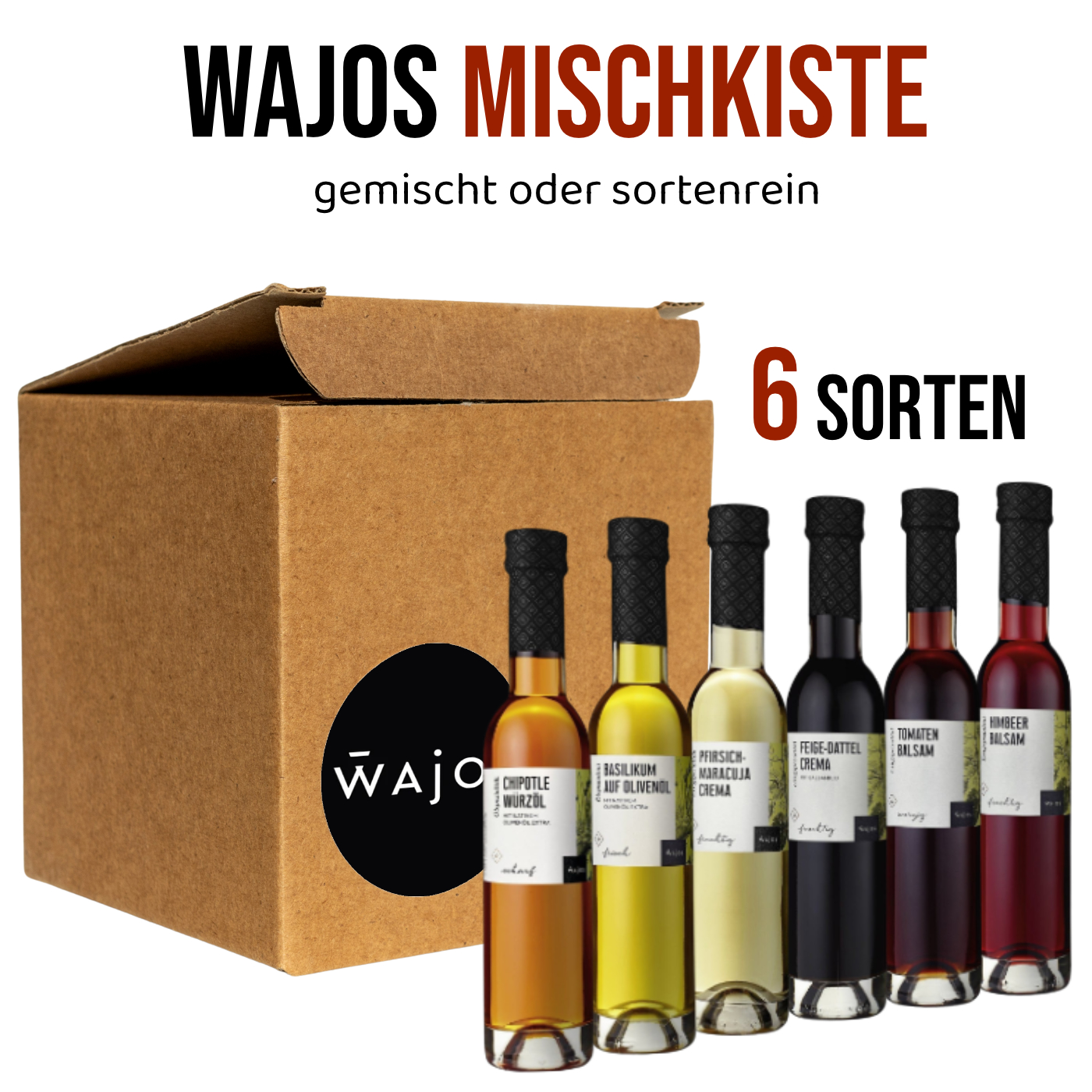 Wajos Mischkiste 250ml Flaschen Öl - 6 Stück pro Kiste bestehend aus Tomaten Balsam, Himbeere Balsam, Feige-Dattel Crema, Pfirsich-Maracuja Crema, Basilikum auf Olivenöl & Chipotle Würzöl Wajos Mischkiste 250ml Flaschen Öl - 6 Stück pro Kiste bestehend aus Tomaten Balsam, Himbeere Balsam, Feige-Dattel Crema, Pfirsich-Maracuja Crema, Basilikum auf Olivenöl & Chipotle Würzöl