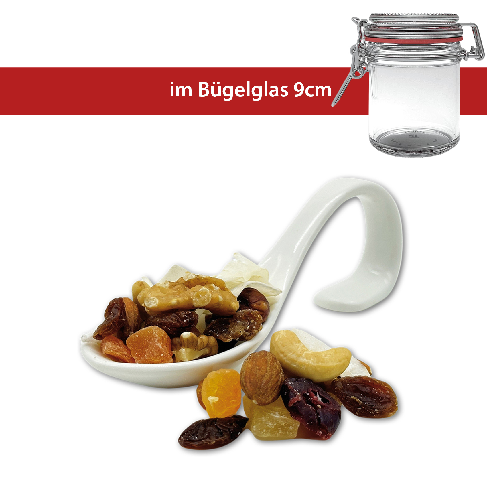 Früchte & Nussmischung im 70g Bügelglas 9cm - 16 Gläser pro Karton