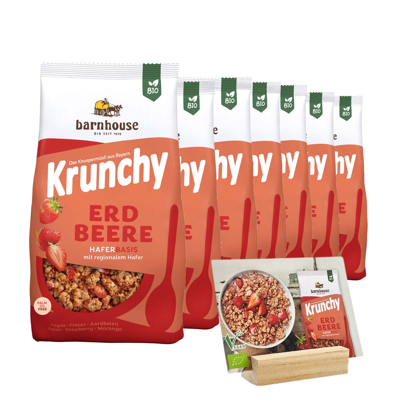 Bio Barnhouse Bestseller-Starter-Paket: Je 7 Btl. 1,25kg Barnhouse Krunchy Müsli Erdbeere, Schoko & Hafer, 1 Stk. Barnhouse Holzaufsteller, kostenlose Buffetschilder mit Holzfuss und 3 Müsli Barnhose Buffet-Gläser
