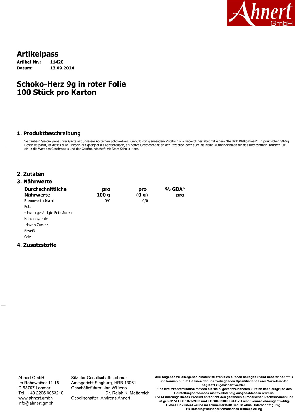 Schoko-Herz 9g in roter Folie 
100 Stück pro Karton