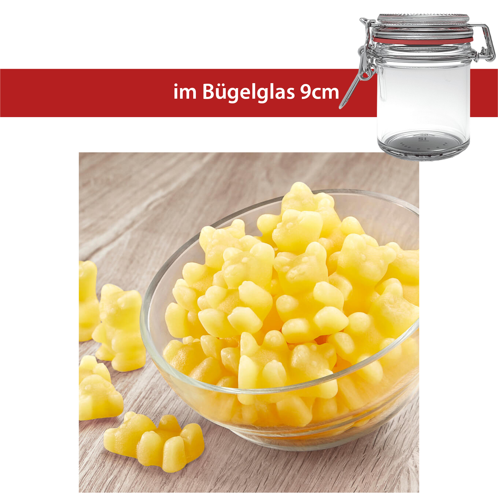 Ingwer Chili Bärchen
im 90g Bügelglas 9 cm Design-Bügelglas
16 Stück im Karton