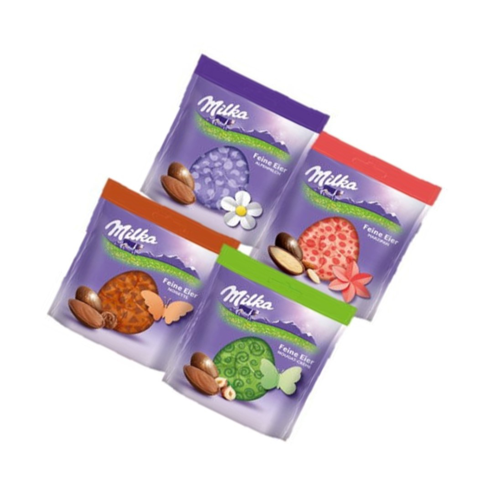 Oster Milka Eier gefüllt 9 Stück pro  Beutel Alp.Milch, Nougat, Noisette & Marzipan