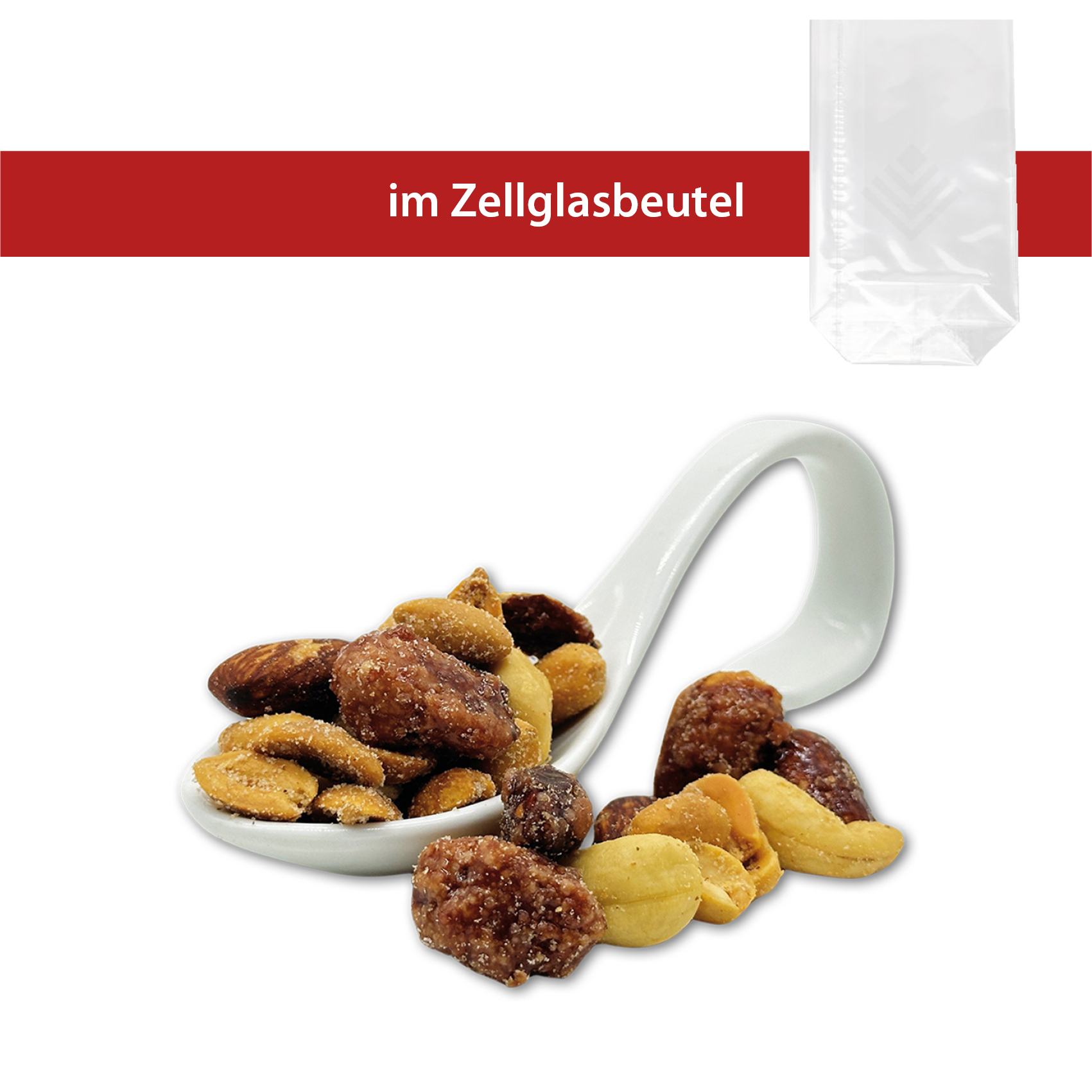 Salty, Sweet & Smoke Mix 100g
Zellglasbeutel 95x160mm mit Holzklammer
25 Stück pro Karton
Erdnüsse gesalzen, Cashewkerne gesalzen, gebrannte Mandeln und Rauchmandeln