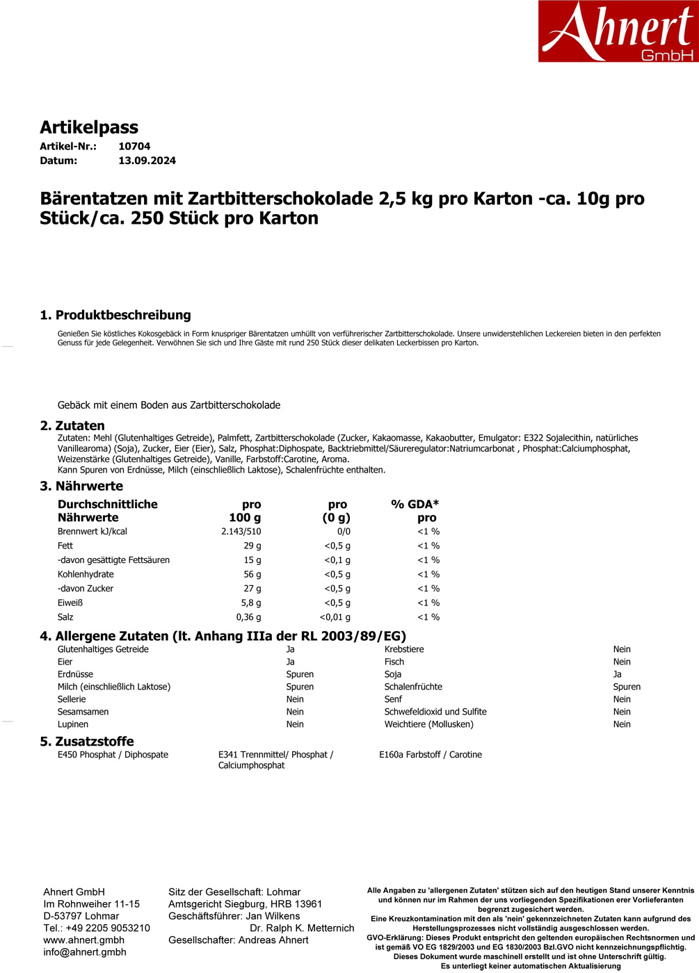 Bärentatzen mit Zartbitterschokolade 2,5 kg pro Karton -ca. 10g pro Stück/ca. 250 Stück pro Karton