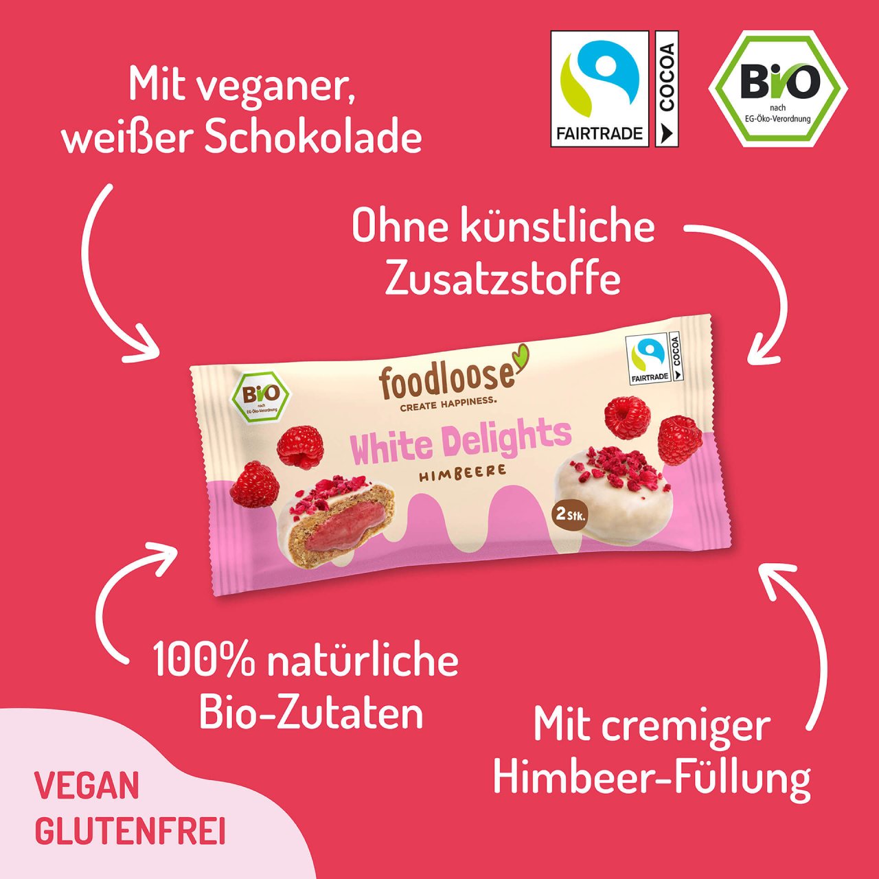 Foodloose Bio White Delights Himbeere 40 g - 12 Stück pro Karton