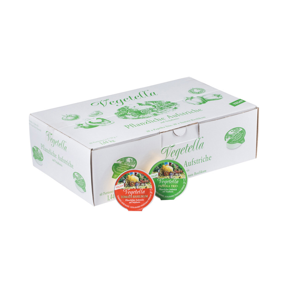 Vegetella Pflanzlicher Aufstrich auf Sojabasis
Sorten: Paprika Trio und Tomate-Basilikum
60 x 24g, 1,44 kg